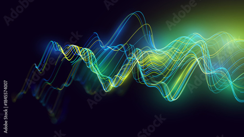 Green Glowing Dots Wave Lines Abstract Background. Futuristic Energy Flow, Digital Tech, Data Stream Design, Sustainable Renewable Energy Presentation Backdrop. Green Tech and Science Vector.