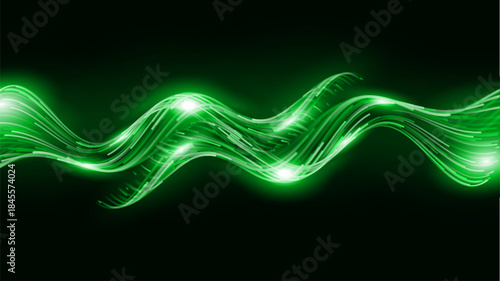 Green Glowing Dots Wave Lines Abstract Background. Futuristic Energy Flow, Digital Tech, Data Stream Design, Sustainable Renewable Energy Presentation Backdrop. Green Tech and Science Vector.