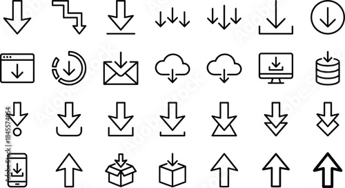 Large Collection of Download and Upload Line Icons, Vector Set of Web, Cloud, Server, Arrow, and Mobile Symbols, Perfect for UI/UX Design and Applications.