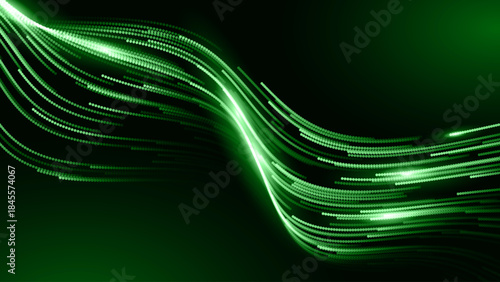 Green Glowing Dots Wave Lines Abstract Background. Futuristic Energy Flow, Digital Tech, Data Stream Design, Sustainable Renewable Energy Presentation Backdrop. Green Tech and Science Vector.