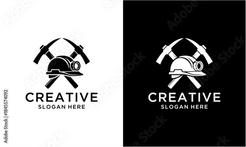 Mining helmet and crossed pickaxes logo design for industrial and construction businesses.