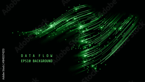 Green Glowing Dots Wave Lines Abstract Background. Futuristic Energy Flow, Digital Tech, Data Stream Design, Sustainable Renewable Energy Presentation Backdrop. Green Tech and Science Vector.