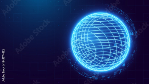Abstract 3D Sphere of Neon Dots and Stripes. Hi-Tech Orb HUD Design Element. Global Network Connection. Abstract Globe Grid. Science and Technology Vector Illustration. 
