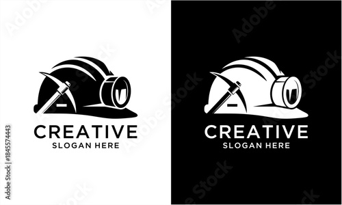 Mining helmet and pickaxe logo design for industrial businesses.