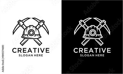 Mining helmet and crossed pickaxes logo design for industrial and construction businesses.