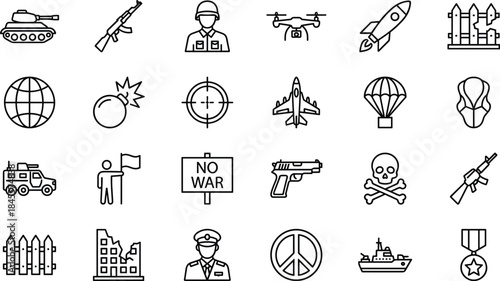 Military and War Line Icons Collection: Army, Peace, Conflict, and Global Security Vector Symbols Including Tank, Weapon, Soldier, Drone, Missile, and Ceasefire Signs.