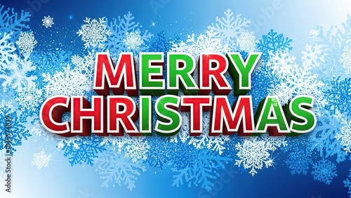 Bright Festive Merry Christmas Text with Snowflakes on Blue Background