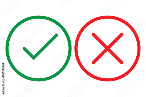 check mark icon button set. check box icon with right and wrong buttons and yes or no checkmark icons vector in green tick box and red cross