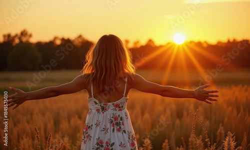 A woman with loose hair and a floral dress stands in a meadow during a golden sunset. A tranquil summer landscape, the serene atmosphere of the countryside, a romantic and natural way of life.