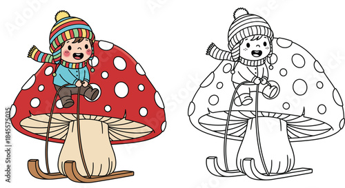 Cute cartoon boy riding giant mushroom sled vector illustration with coloring page outline Happy kid in winter clothes playing on fantasy red toadstool