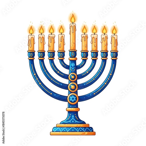Colorful Hanukkah Menorah with Candles and Flames in Bright Blue and Gold Style