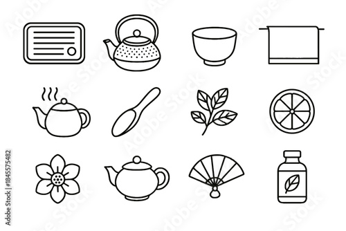Pot iron icon tea bamboo sprig scoop wooden artisan vector teapot icons