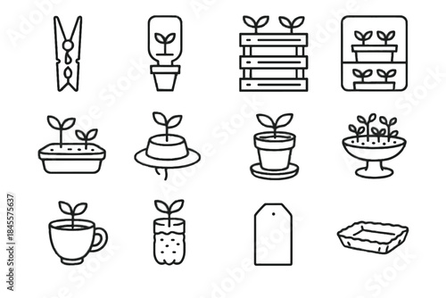 Vector old icon gardening bottle cotton shelf crate raised dish micro tray