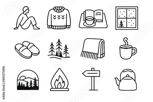 Tea icons over view vector cozy pine cabin wool trees icon trail