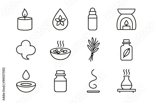 Diffuser scent aromatherapy spiraling bottle scented bowl trail icon drop vector set