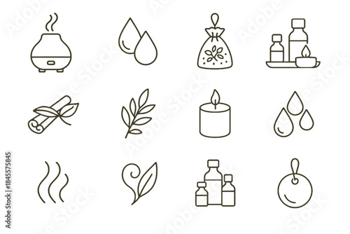 Tray cluster set diffuser droplet aromatherapy disc sprig swirl vector icon bottle