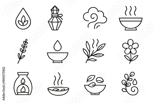 Eucalyptus scent lamp crystal bowl set icon droplet vector mist aromatherapy bottle