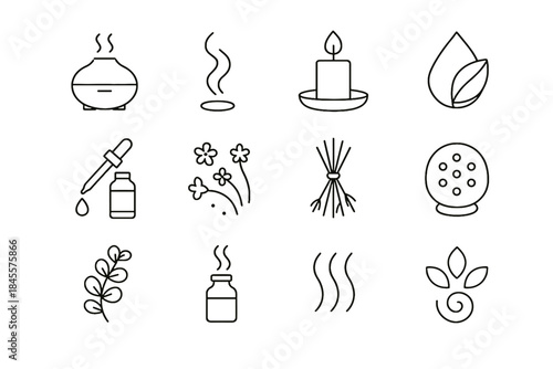 Diffuser vector tray mist eucalyptus set icon aromatherapy symbol round curl vial