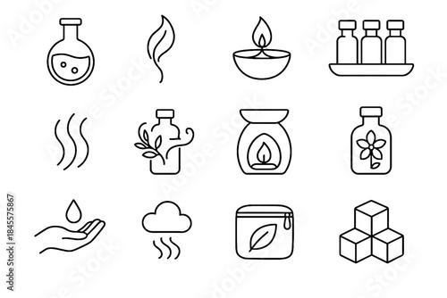 Fresh from grid set herbal icon sprig icons vial bottle tray vector