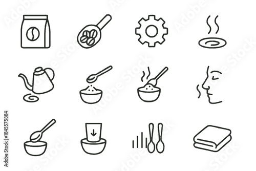 Cupping icons coffee towel fresh brew set bowl rinse lift vector grinding