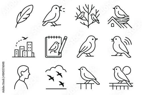 Perch birdwatching notebook icons perched icon soundwaves railing bird vector urban feather