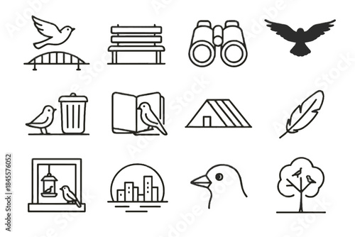 Vector window feeder urban lines icon binoculars birdwatching park icons sidewalk open