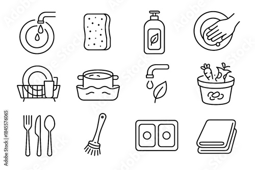 Wash scrubbing icons plate water rack system vector mindful eco dishwashing dishes