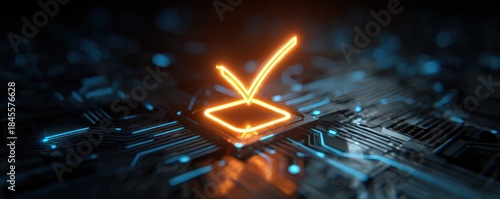 Digital Validation: A glowing check mark icon is the focal point, superimposed upon an intricate circuit board background. the image represent technology innovation and digital efficiency.