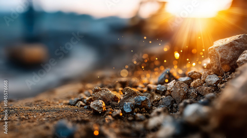 Soft focus foreground of open pit gold mining site, precious metal extraction operation, mineral mining landscape, defocused excavation area, industrial mining environment, with copy space