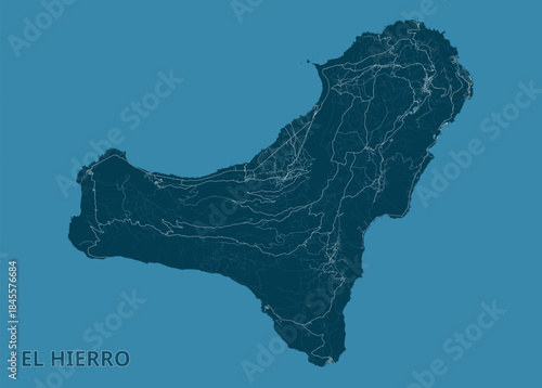 Map of El Hierro island, rendered in shades of blue. The island's shape is clearly defined, with intricate details of roads and geographical features visible. The background is a solid blue color.