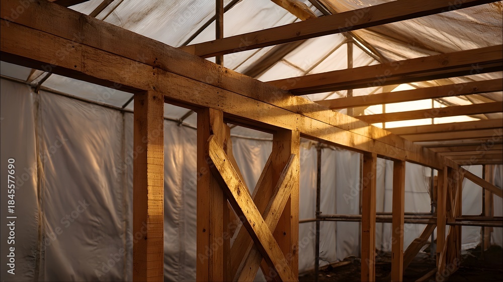 Fototapeta premium Interior view of an unfinished wooden frame structure covered in translucent sheeting bathed in warm dramatic golden hour sunlight