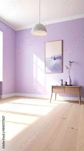 Modern interior with lilac walls, light wood floor, and sunlight streaming through a window
