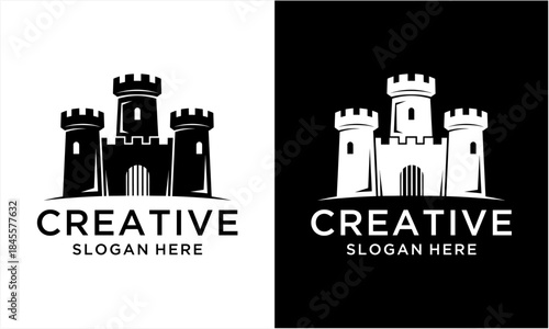 Strong and secure castle fortress logo design with towers and gate.
