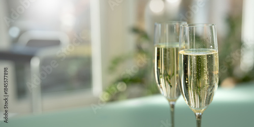 Принти на полотні Two elegant champagne glasses filled with sparkling wine and bright blurred bokeh lights in modern setting