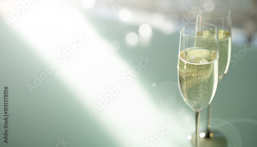 Tableau sur toile Two elegant champagne glasses filled with sparkling wine and bright blurred bokeh lights in modern setting