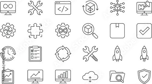 A comprehensive vector line icon set illustrating crucial concepts in modern software development, DevOps, continuous integration, and engineering processes.