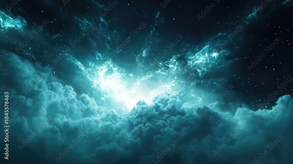 Fototapeta premium Deep space image revealing a vibrant blue nebula and sparkling stars, offering a mysterious and ethereal view of a celestial landscape filled with glowing gas and dust clouds