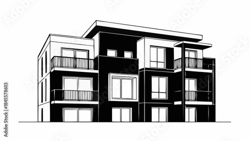 Modern Apartment Building Facade with Balconies and Windows.