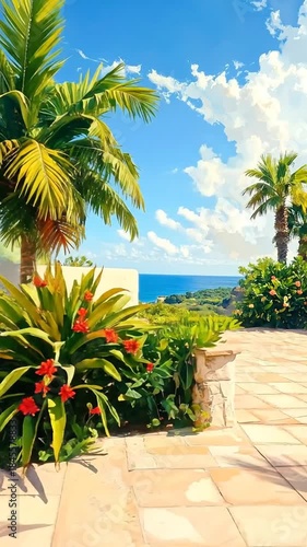 A sunlit terrace with palm trees and vibrant flowers under a bright blue sky, overlooking ocean