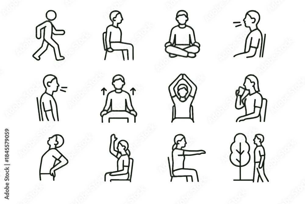 Fototapeta premium Vector drinking inhale mindful break relax arm icon deep reset twist healthy