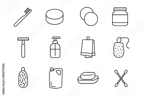 Toothpaste eco towel icon dish razor bathroom safety cotton glass shampoo line