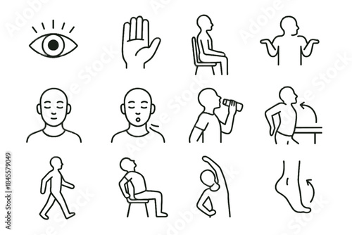 Healthy breaks vector relaxation shrug inhale exhale cycle screen walk rotation mindful