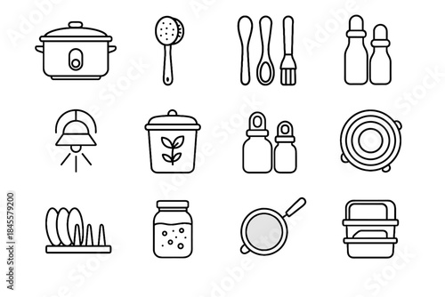Icons vector compost kitchen bottle eco scrub spoons natural seasoning silicone icon