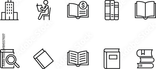 Comprehensive vector line icons representing education, learning, research, literacy, financial knowledge, corporate training,