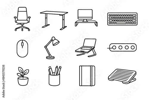 Ergonomic vector laptop desk cable holder stand chair setup lamp icon icons