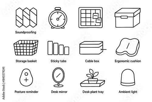 Device icon desk basket set vector minimalist icons posture productivity reminder sticky