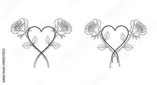 Two symmetrical heart shaped floral designs with entwined stems and roses create a romantic decorative motif for wedding invitations and elegant graphics.