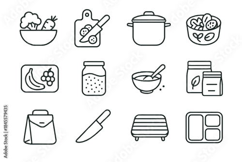 Slicing knife tray bag container pouches lunch healthy vector icon cooling seasoning