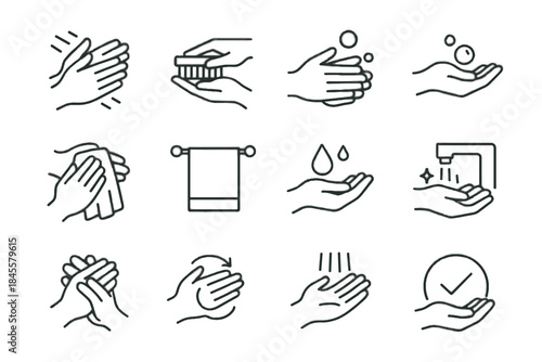 Rub care icons gentle icon handwash over drying sanitizing palm hanging vector