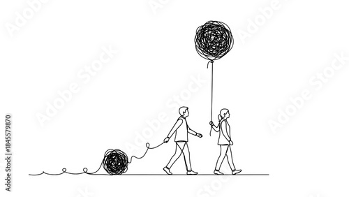 A couple walking: the man drags a tangled ball of line, while the woman holds a similar tangle aloft like a balloon, symbolizing shared burdens and different approaches.